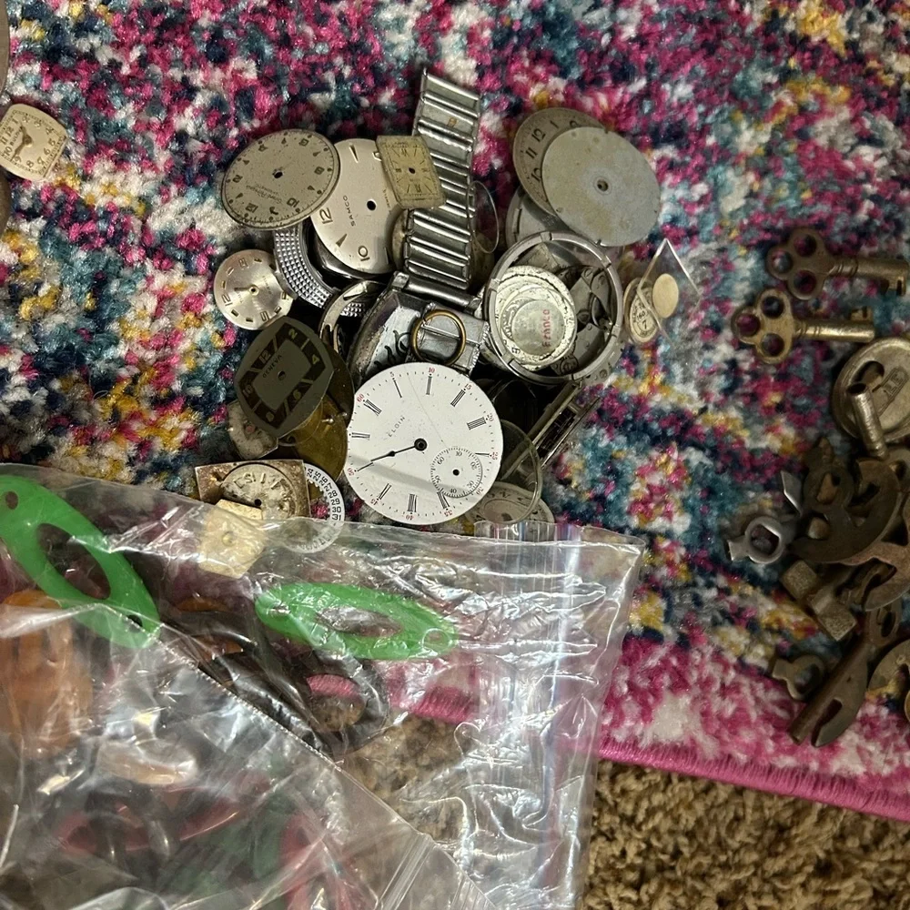 HUGE LOT vintage keys brooches watch parts belt buckles for crafts art jewelry